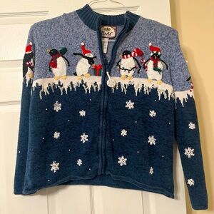 Vintage 2003 Womens Size Medium Tiara Intl Winter Christmas Penguins Zip Sweater